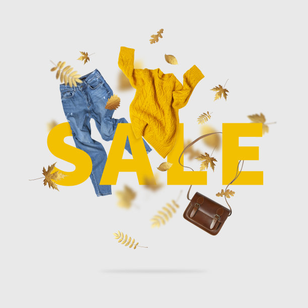 秋季大甩卖。黄色飞扬的女人针织衫蓝色牛仔裤皮包金色秋叶在灰色的背景。创意服装概念时髦舒适套头衫。平躺时尚图片下载