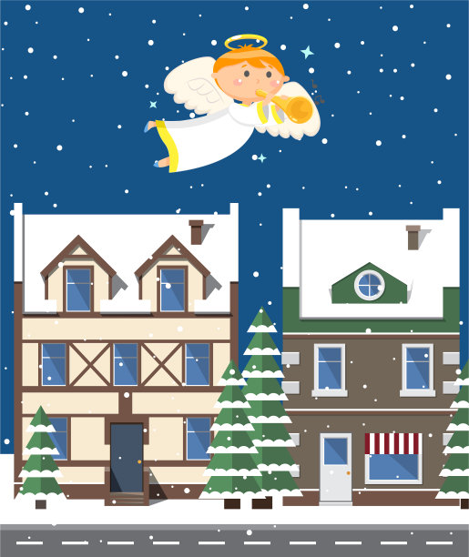 天使吹着喇叭，建筑物和树木图片下载