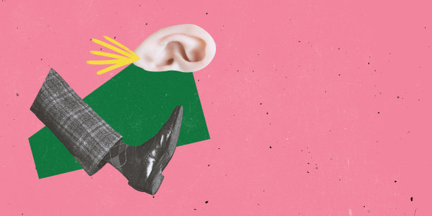 当代艺术拼贴。男性腿踢人耳朵孤立在粉红色的背景。拒绝虚假信息图片下载