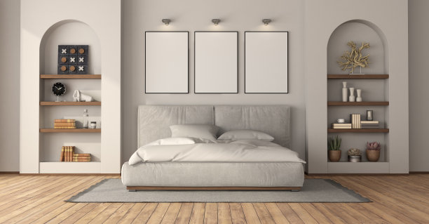 极简主义卧室与壁龛和海报模拟图片下载