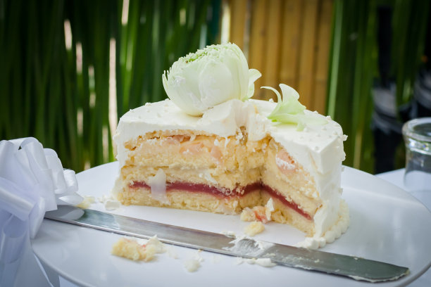 婚礼蛋糕被切成小块。图片下载