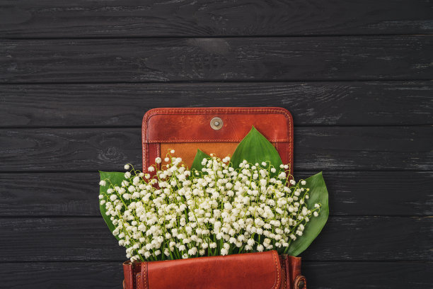 顶视图的百合的山谷花束在皮革袋与拷贝空间。图片下载