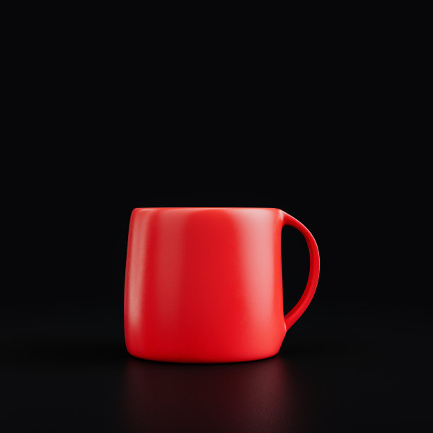 单一的咖啡杯。红色塑料材质闪亮的咖啡杯在黑色背景，3d渲染图片下载