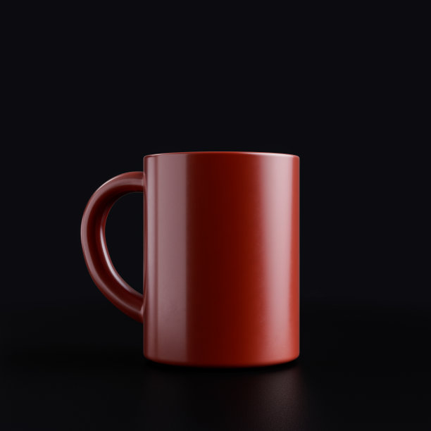 单一的咖啡杯。棕色塑料材质闪亮的咖啡杯，黑色背景，3d渲染图片下载