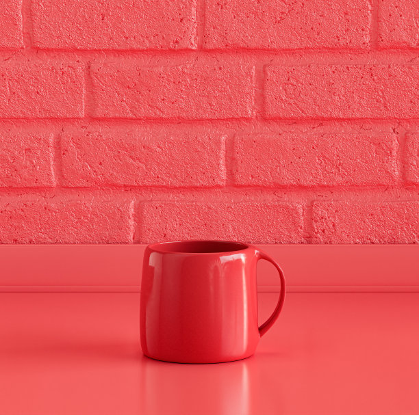 单粉色陶瓷咖啡杯在单色红色厨房柜台顶部与红色瓷砖砖墙，3d渲染，特写视图图片下载