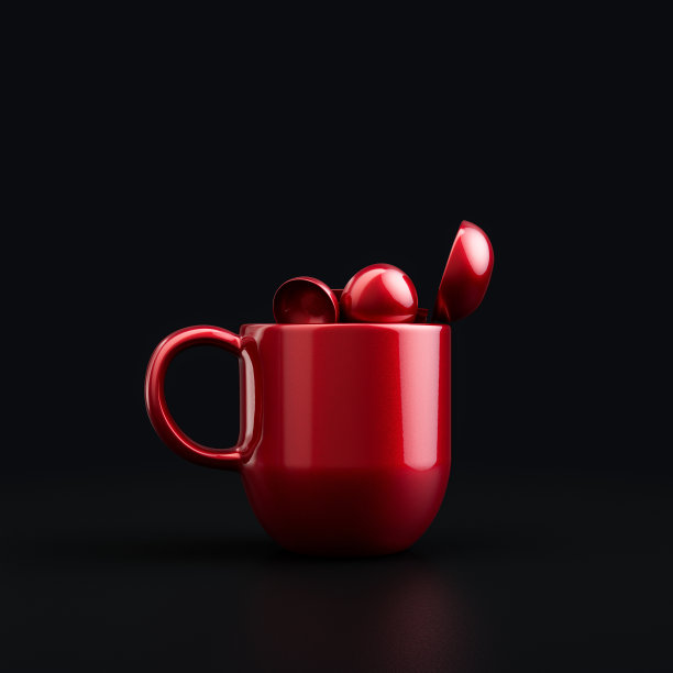 一个咖啡杯，里面有勺子。闪亮的金属红色材料与片状闪亮的咖啡杯在黑色背景，3d渲染图片下载