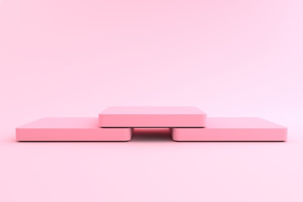 3D渲染的方形粉色底座是重叠的，平台用于在粉色地板上展示产品。可用于广告台座，孤立在粉红色背景上，产品展示，插图图片下载