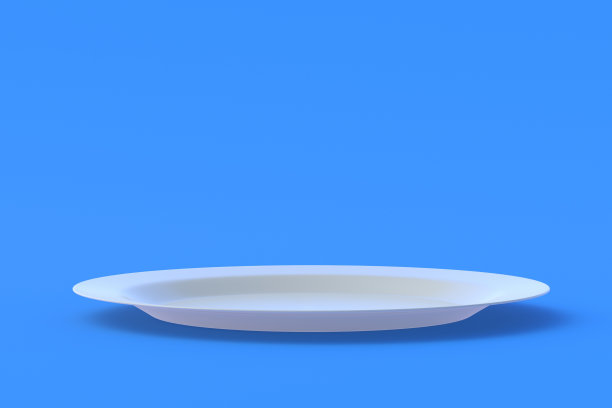 蓝色背景上的空白色盘子。副本的空间。三维渲染图片下载