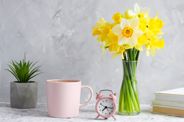 多肉植物，一束水仙花，闹钟，一杯咖啡，桌上的书。早上的概念。家居设计图片下载