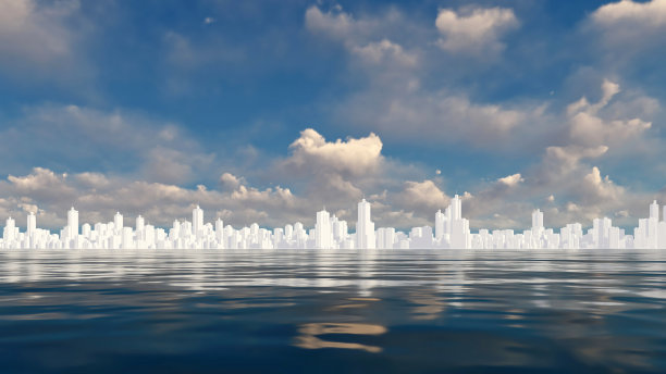 抽象的白色立体城市倒映在水面上图片下载