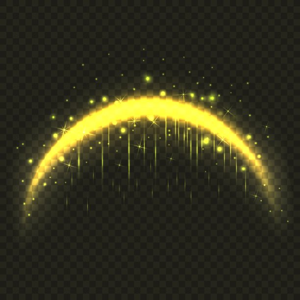 神奇的金弧。3d现实点亮金拱门。仙女曲线闪亮的线条与闪烁的星星和闪光。弯曲的发光霓虹灯线与飞行灯在黑暗的背景。向量卡说明图片下载