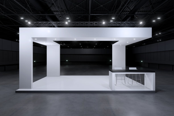 展览展台的模型和企业形象，展示设计。空的展台设计。展厅零售摊位元素。展台设计贸易展。空白展位系统图形资源。3d背景在线活动，会议，现场。3 d渲染。图片下载