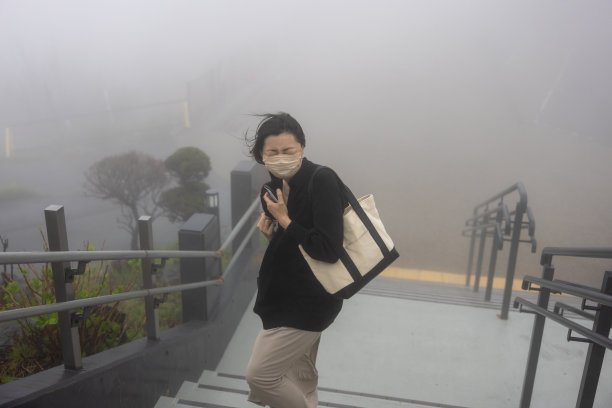 在雾蒙蒙多风的山上观察点参观的妇女图片下载