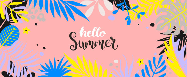 你好，2022年夏天，在热带树叶的旗帜。图片下载