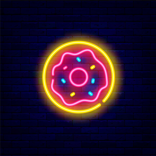 甜甜圈氖图标。糖果店招牌。宝宝设计。发光的标志。可编辑的中风。向量股票插图图片下载