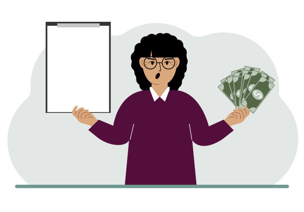 一个女人一手拿着很多纸币，另一只手拿着一个空着的写文本的剪贴板。赚取或节省金钱的广告横幅或海报的概念。图片下载