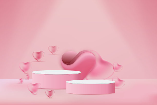 展示三维抽象圆柱体平台产品粉色。用淡粉色的心型气球。情人节最小场景的产品展示。图片下载