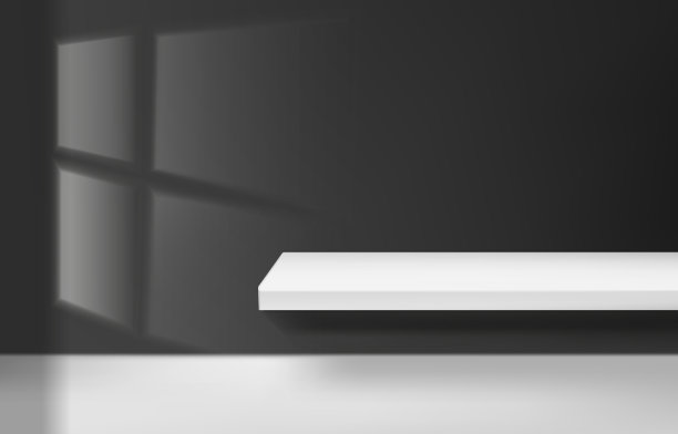 显示三维抽象立方体形状的立场产品白色。用窗户照亮黑色的房间。促销展示设计。图片下载