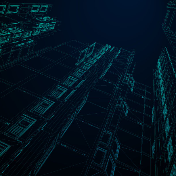 现代建筑线框。城市线框的概念。建筑CAD图的线框图图片下载