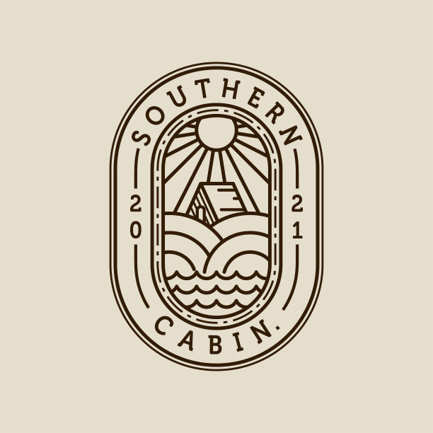 版画小屋或小屋现代线条艺术插图设计。户外客舱徽章标志向量。小屋，小屋，山，河，夏天和太阳标志的概念灵感图片下载