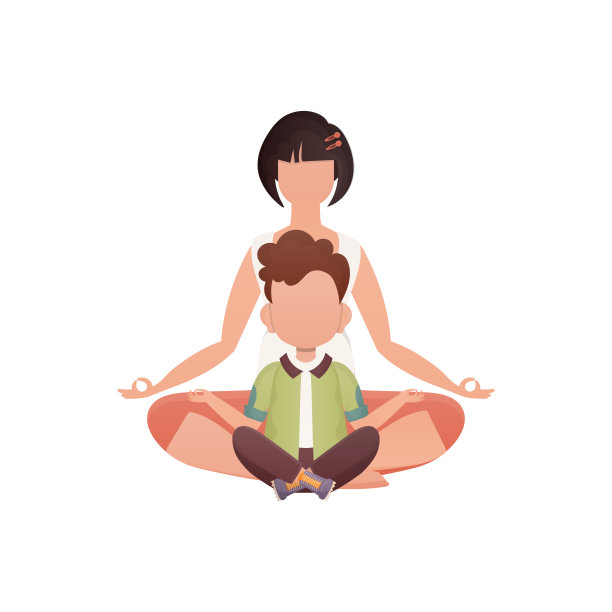 妈妈和儿子坐着做瑜伽。孤立。卡通风格。图片下载