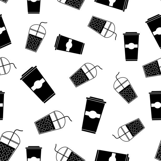 无缝图案与杯茶、咖啡。黑色扁平图标杯在白色背景热饮。Icon咖啡外带。设计用于织物，包装纸，壁纸，包装。矢量图图片下载