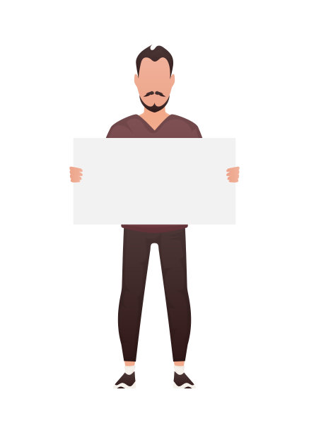 一个男人站在他的高度，手里拿着一个空的平板。孤立。卡通风格。图片下载