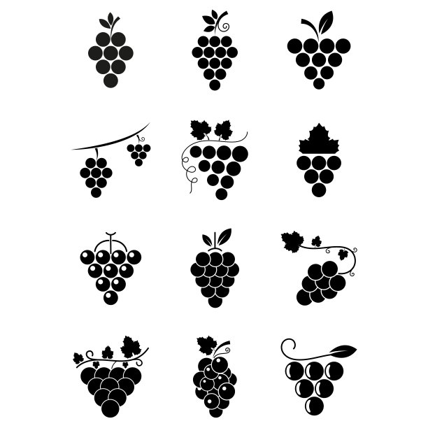 葡萄的图标集。一串葡萄在扁平风格的黑色颜色。Berry图标孤立的白色背景。标志葡萄酒，香槟，果汁。网页设计的矢量插图图片下载