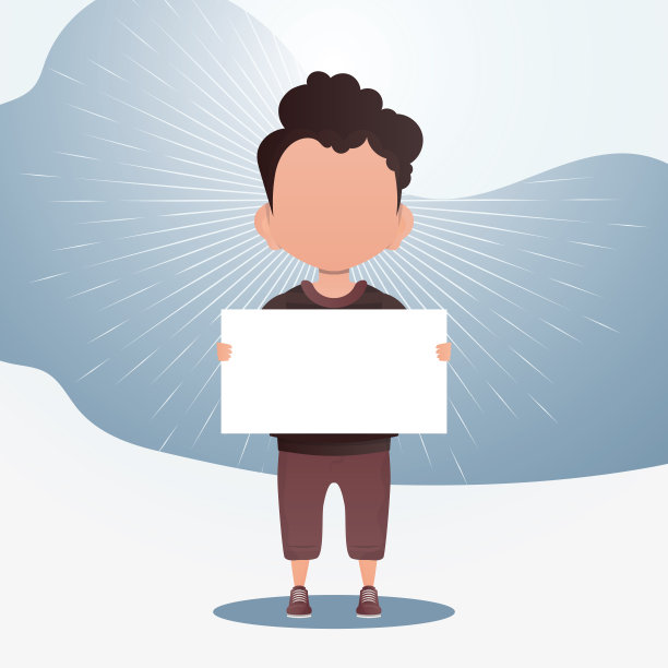 一个拿着空白横幅的可爱小男孩。放置你的文本。矢量插图在卡通风格。图片下载