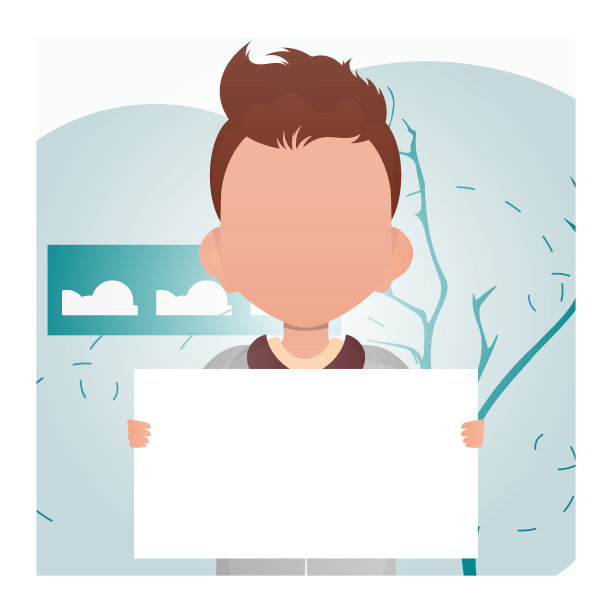 拿着空白海报的可爱学龄前男孩。广告。卡通风格。图片下载