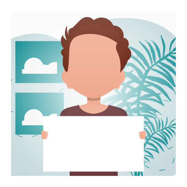 可爱的学龄前男孩手里拿着一张空白的海报。广告。卡通风格。图片下载