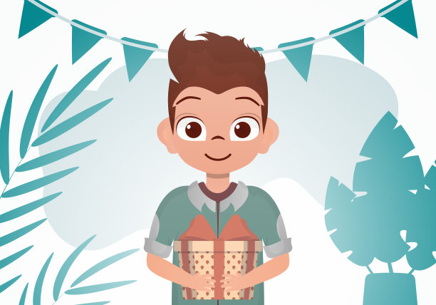 可爱的宝宝站在那里，手里拿着一个礼物盒。的生日。卡通风格。图片下载