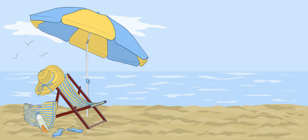 海色龙在沙滩上撑着一把伞，背景是大海或大海。海边的假期插图。图片下载