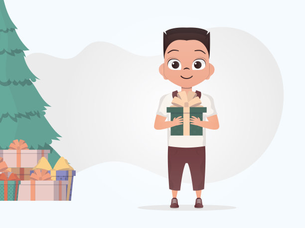 一个小男孩手里拿着一个盒子和一个弓。新年。卡通风格。图片下载