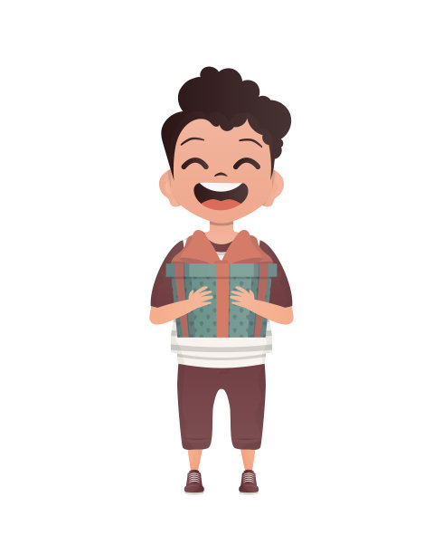 一个学龄前的小男孩完全成长，手里拿着一个礼品盒。生日、新年或假日主题。卡通风格,孤立。图片下载