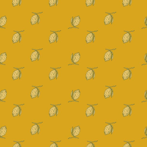 无缝图案柠檬树枝与叶片雕刻。手工绘制风格的陈年柑橘水果背景。图片下载