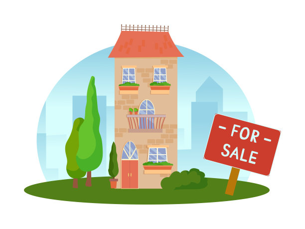 出售房子的概念。出售或出租房地产房子坐落在一片土地上，周围环绕着卡通风格的树木。矢量插图孤立在白色背景。图片下载