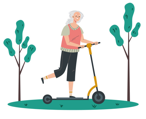 奶奶性格骑踏板车的概念。矢量平面卡通图形设计插图图片下载
