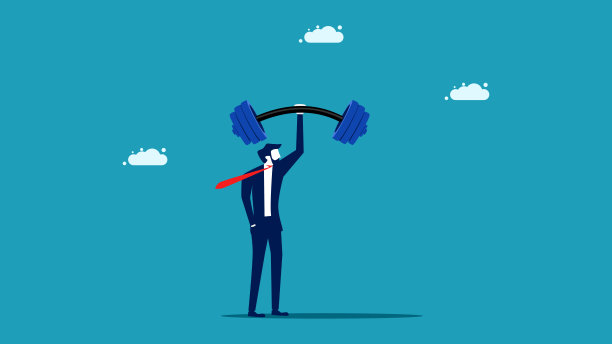 强大的商人。商人一只手拿着杠铃。成功的概念。向量图片下载