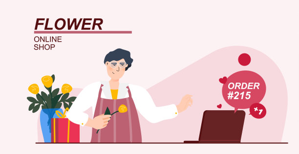 花店矢量插图概念。花店旁边开着笔记本订单。网上小生意。模板网站横幅，广告活动图片下载