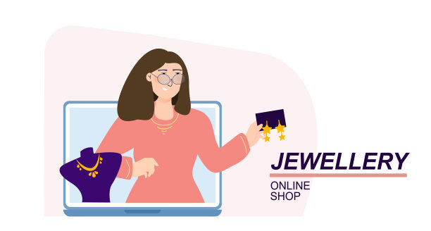 珠宝店矢量插图概念。店主拿着耳环开着笔记本电脑。网上小生意。模板网站横幅，广告活动图片下载
