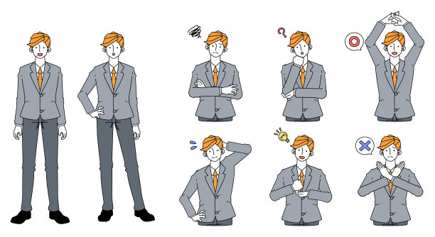 插画集的各种姿势和表情的一个年轻人在西装图片下载