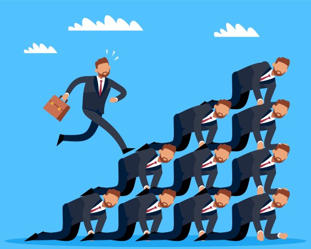 以牺牲他人为代价获得职业阶梯。人力资源，商人攀比同事谋求晋升，团队合作实现目标，雄心勃勃的男人矢量卡通扁平化经营理念图片下载