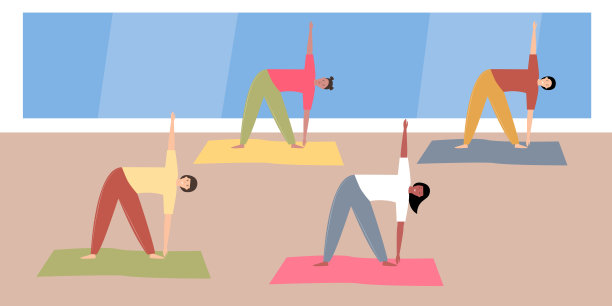 一群多种族女性穿着运动服在健身房锻炼。矢量插图。图片下载