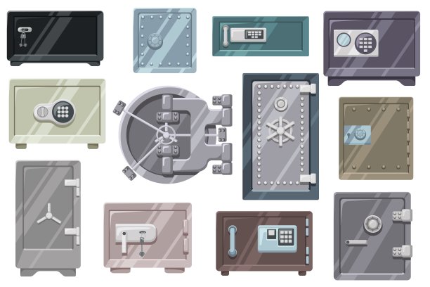 金属保险箱。锁盒，保险库门和安全存储与钥匙锁和代码锁向量设置图片下载