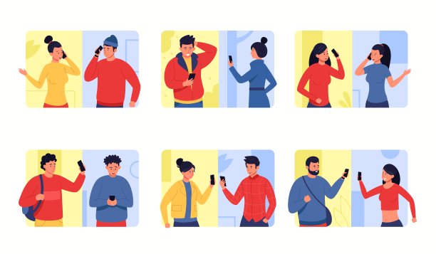 电话交谈。卡通人物用手机交流，男人和女人用智能手机交谈。向量集。图片下载