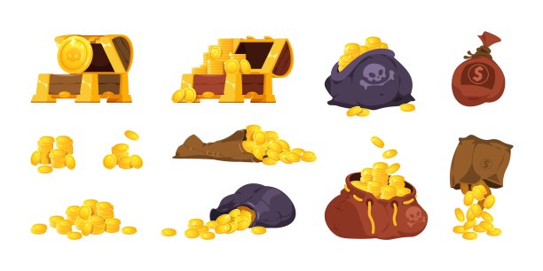箱子和硬币袋。卡通木制海盗盒与成堆成堆的金币，游戏奖品和宝藏界面元素。Vector中世纪珠宝套装图片下载