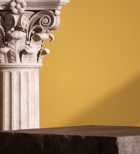 产品陈列、化妆品物件摆放模板。古代柱博物馆概念背景，古典柱和石头的三维渲染图片下载