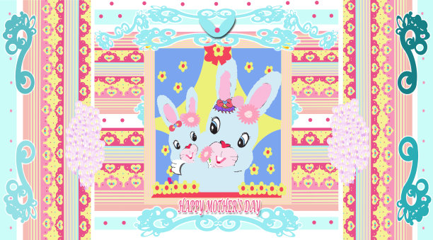 明亮微笑快乐的母亲节对卡通妈妈和孩子兔兔兔和心和丝带重复图案背景颜色插图2022图片下载