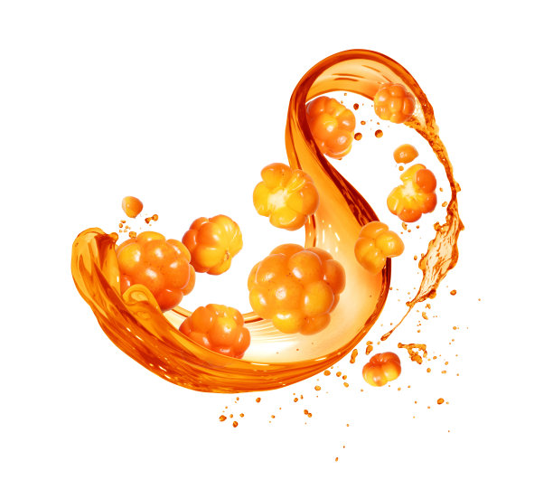 在黄色果汁飞溅的云莓，孤立在白色背景图片下载